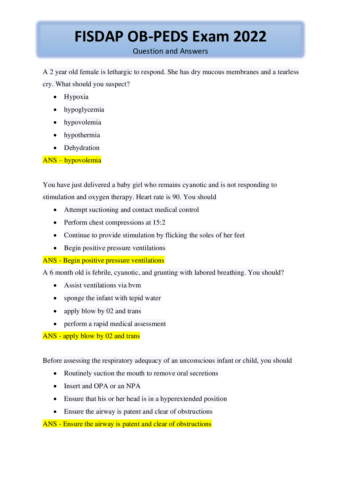 Preview image for FISDAP OB-PEDS Exam 2022 Question and Answer
